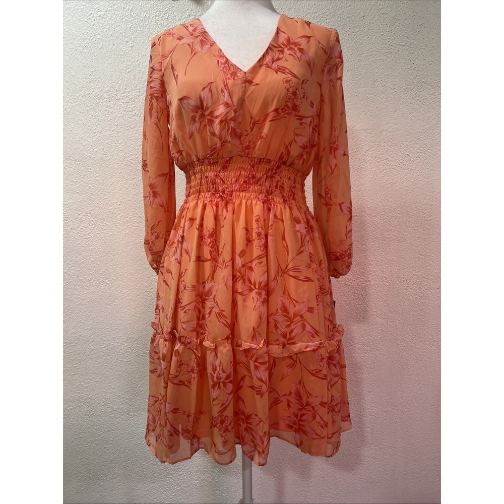 Taylor Mini Dress Coral Paprika Floral Smocked Waist V Neck 2835M Size 6
